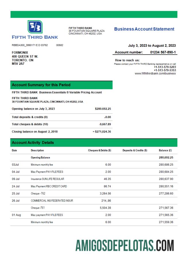 Em branco Fifth Third Bank Business Bank Statement modelo Word e PDF